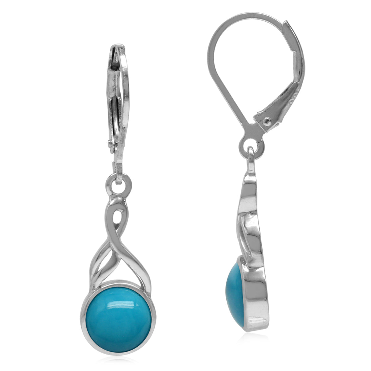 7mm Genuine Round Arizona American Turquoise White Gold Plated 925 Sterling Silver Casual Leverback Earrings Jewelry for Women - Silvershake-store