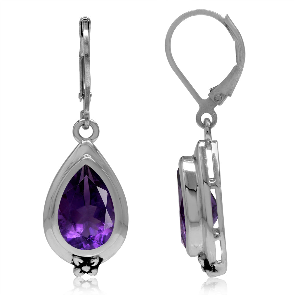 5.62ct. 12x8mm Natural Pear Shape African Amethyst 925 Sterling Silver Flower Drop Leverback Earrings - Silvershake-store