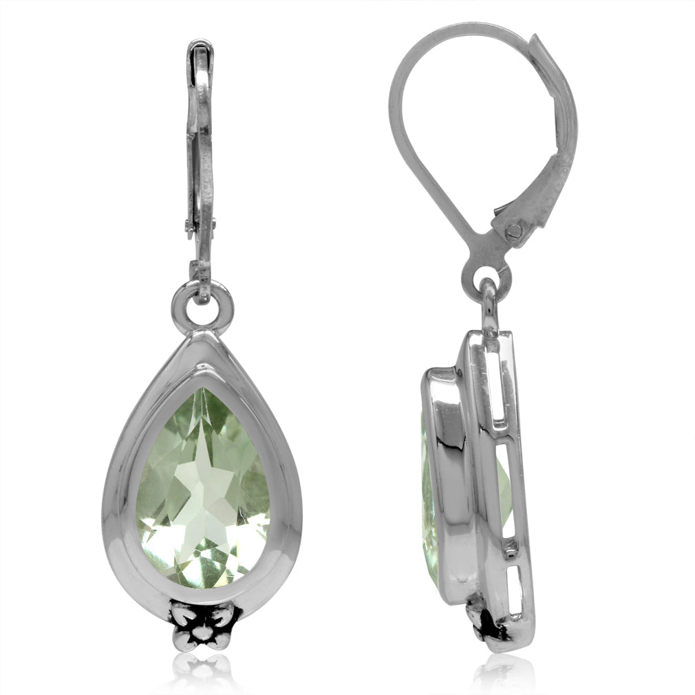 5.44ct. 12x8mm Natural Pear Shape Green Amethyst 925 Sterling Silver Flower Drop Leverback Earrings - Silvershake-store