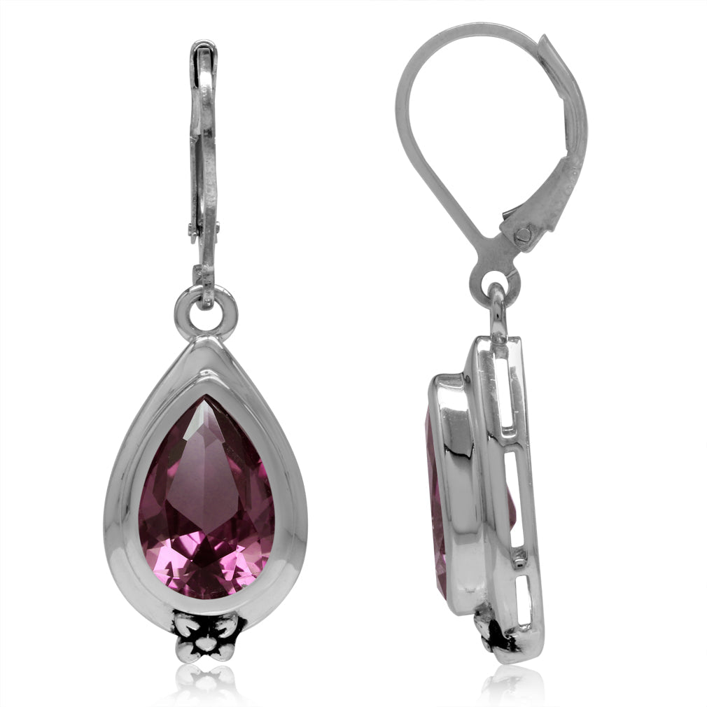 12x8mm Pear Shape Simulated Color Change Alexandrite 925 Sterling Silver Flower Drop Leverback Earrings