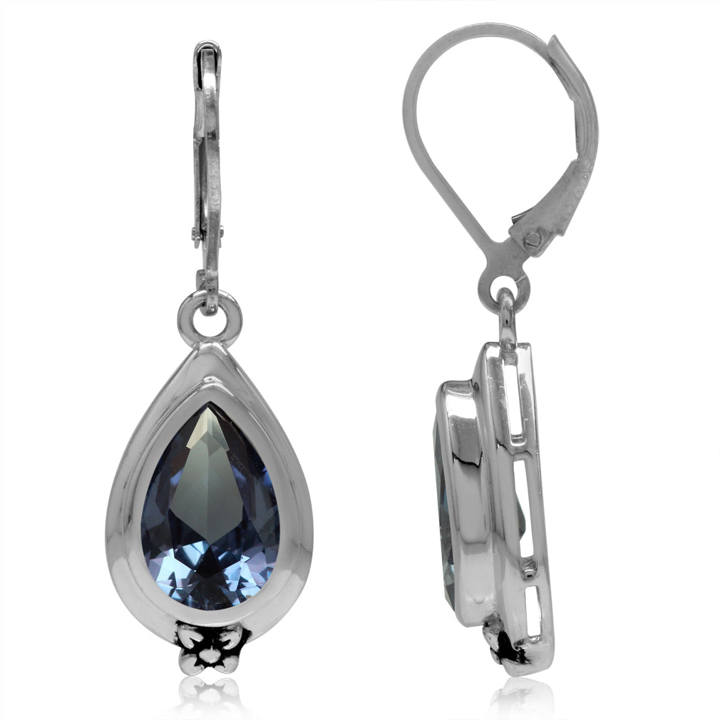 12x8mm Pear Shape Simulated Color Change Alexandrite 925 Sterling Silver Flower Drop Leverback Earrings