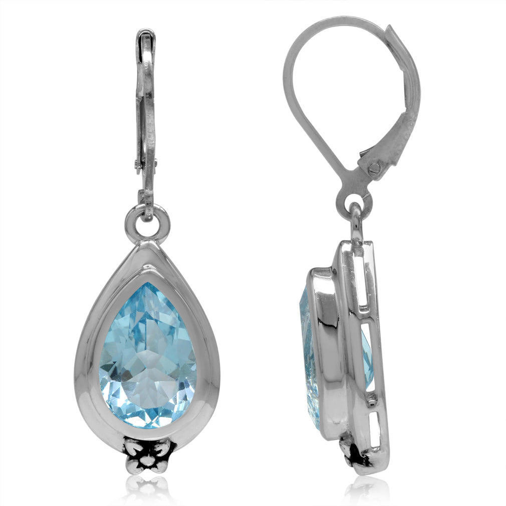 6.84ct. 12x8mm Genuine Pear Shape Blue Topaz 925 Sterling Silver Flower Drop Leverback Earrings - Silvershake-store