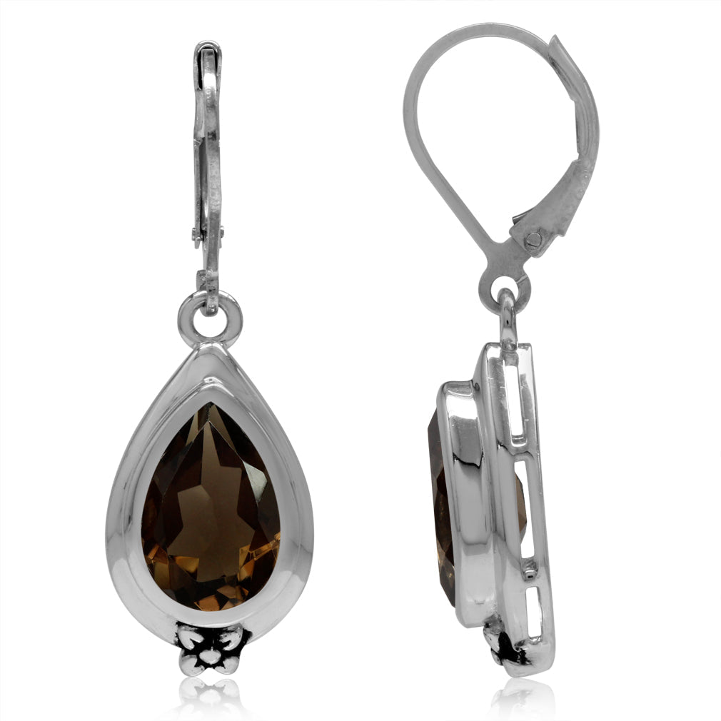 5.4ct. 12x8mm Natural Pear Shape Smoky Quartz 925 Sterling Silver Flower Drop Leverback Earrings - Silvershake-store