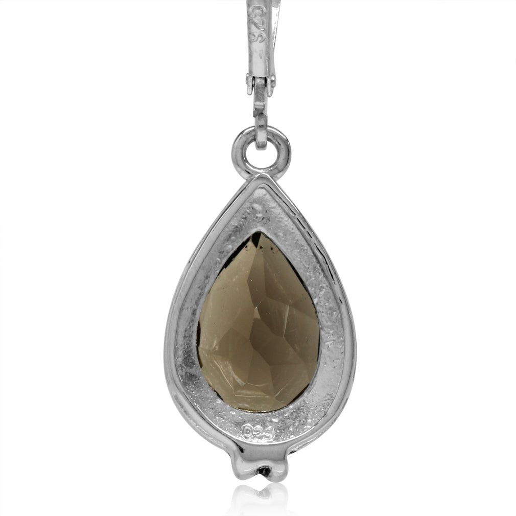 5.4ct. 12x8mm Natural Pear Shape Smoky Quartz 925 Sterling Silver Flower Drop Leverback Earrings - Silvershake-store