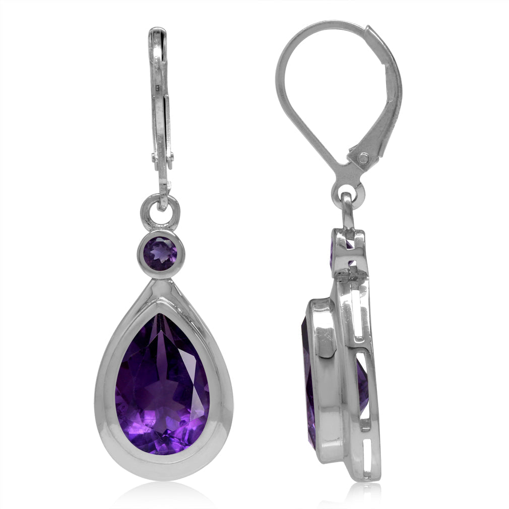 5.44ct. 12x8mm Natural Pear Shape African Amethyst 925 Sterling Silver Drop Dangle Leverback Earrings - Silvershake-store