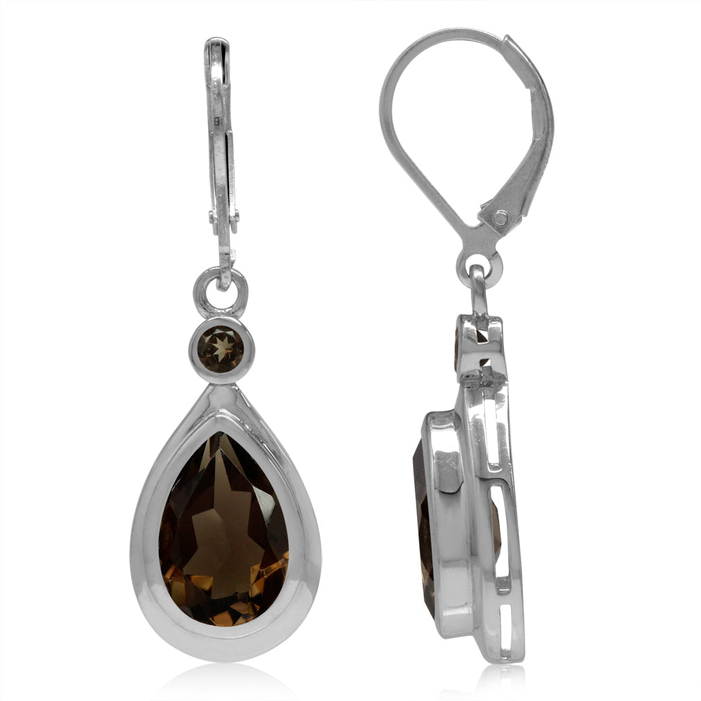5.6ct. 12x8mm Natural Pear Shape Smoky Quartz 925 Sterling Silver Drop Dangle Leverback Earrings - Silvershake-store