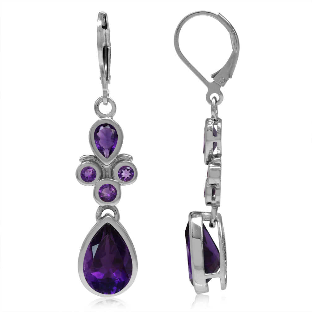 6.7ct. 12x8mm Natural Pear Shape African Amethyst 925 Sterling Silver Leverback Dangle Earrings - Silvershake-store