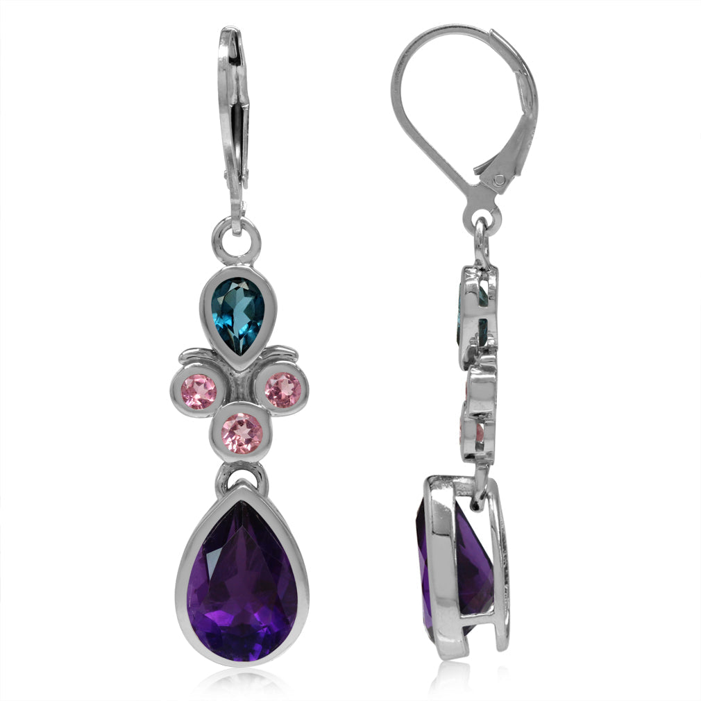 Natural African Amethyst Pink Tourmaline and London Blue Topaz 925 Sterling Silver Leverback Earrings - Silvershake-store