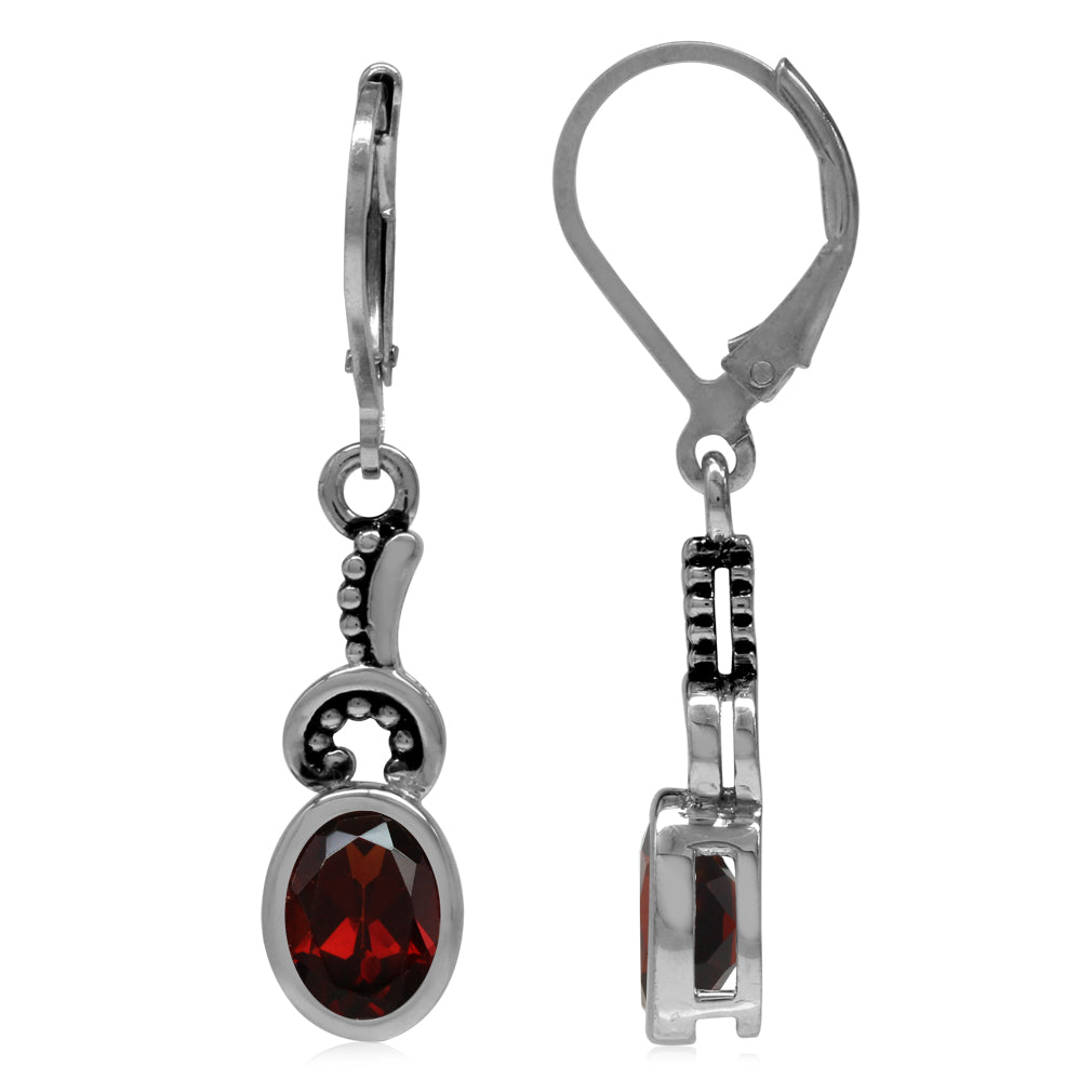 2.92ct. 8x6mm Natural Oval Shape Garnet 925 Sterling Silver Balinese Style Leverback Dangle Earrings - Silvershake-store