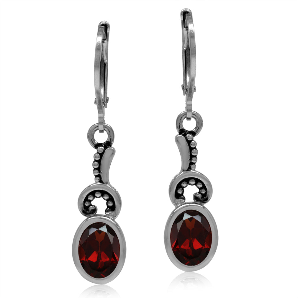 2.92ct. 8x6mm Natural Oval Shape Garnet 925 Sterling Silver Balinese Style Leverback Dangle Earrings - Silvershake-store