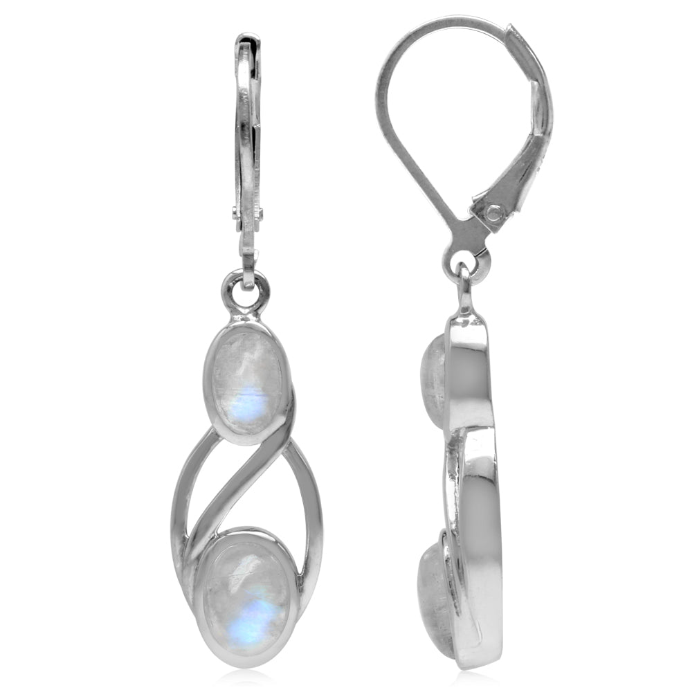 Natural Moonstone White Gold Plated 925 Sterling Silver Leverback Dangle Earrings - Silvershake-store
