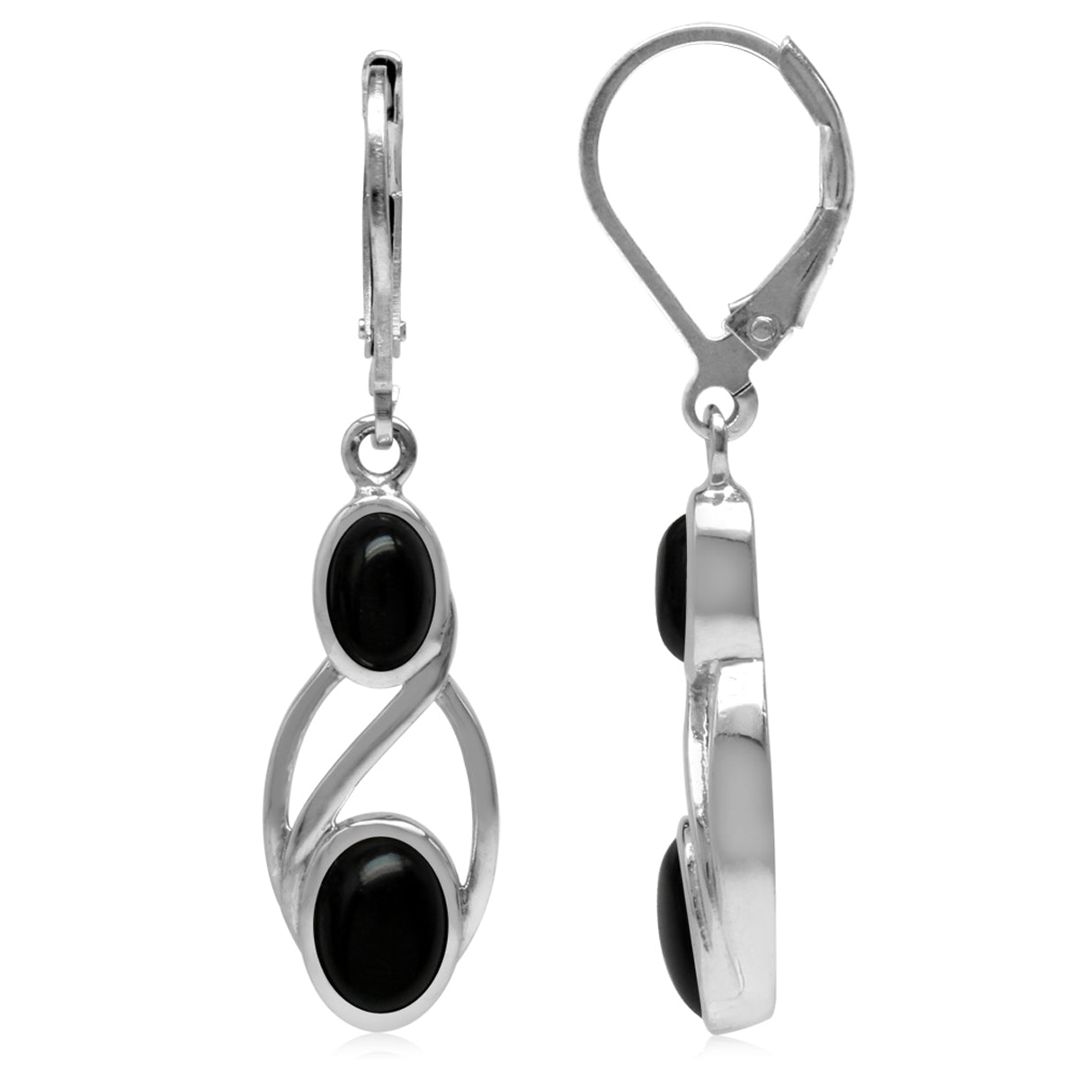 Genuine Black Onyx White Gold Plated 925 Sterling Silver Leverback Dangle Earrings