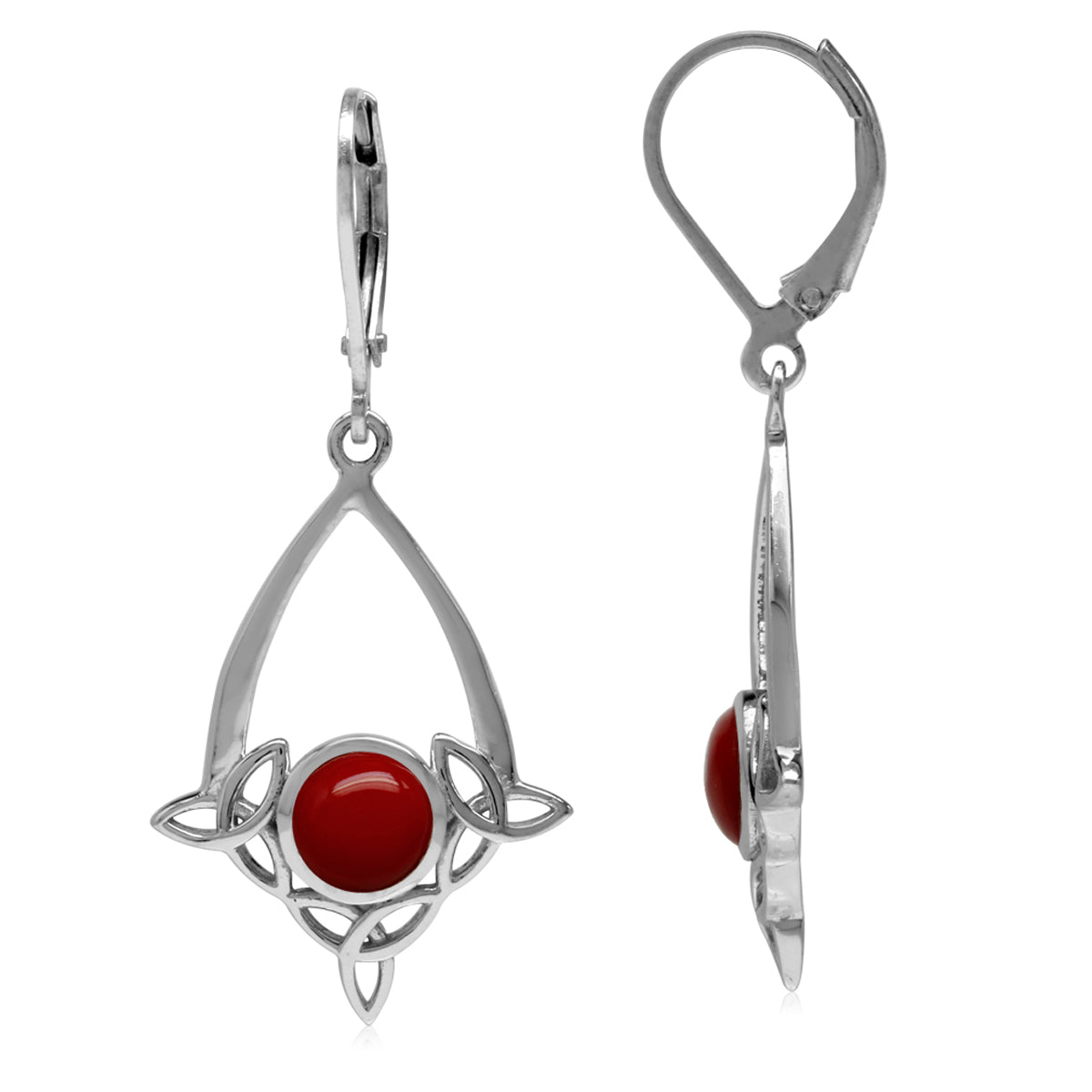 Created Red Coral 925 Sterling Silver Triquetra Celtic Knot Drop Dangle Leverback Earrings