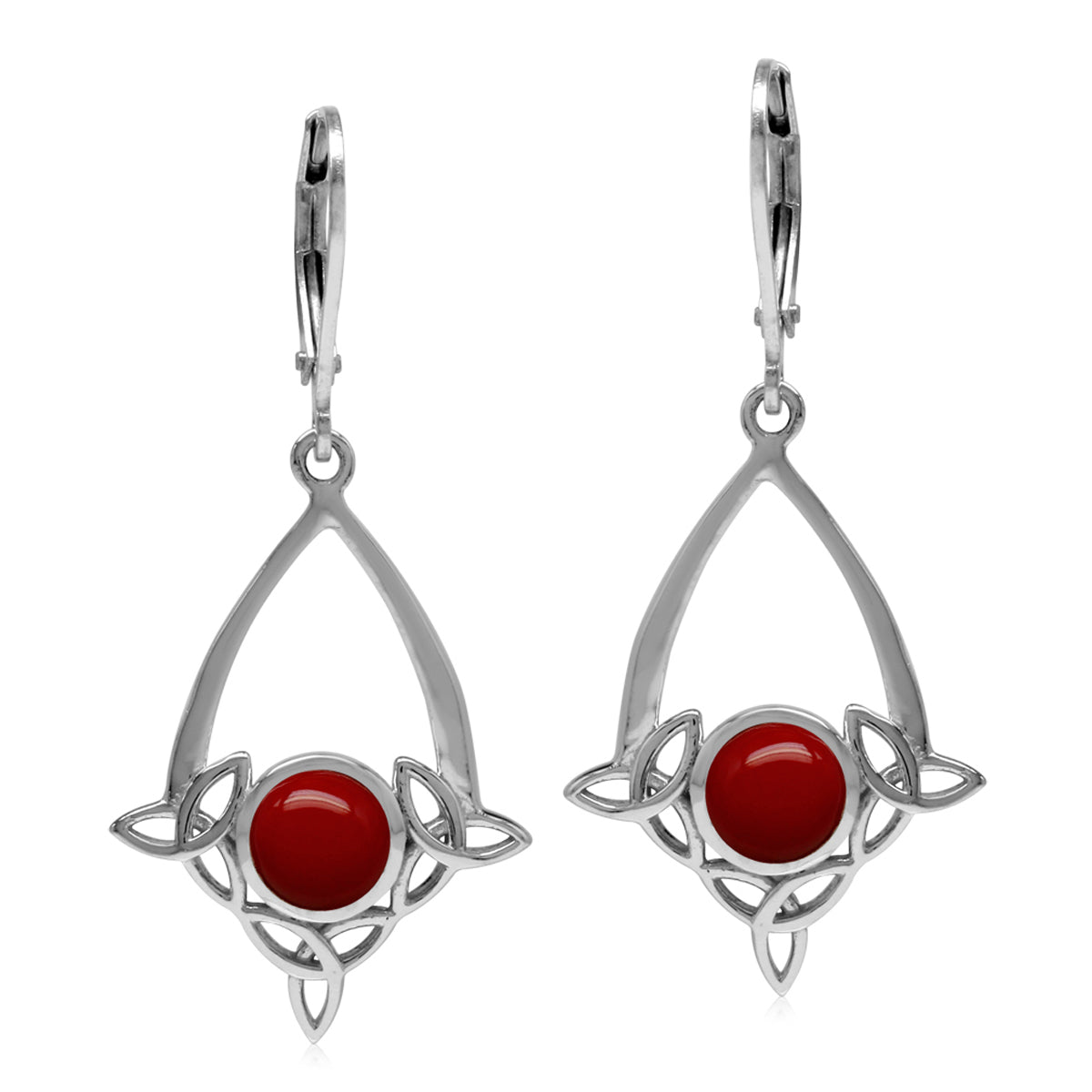 Created Red Coral 925 Sterling Silver Triquetra Celtic Knot Drop Dangle Leverback Earrings