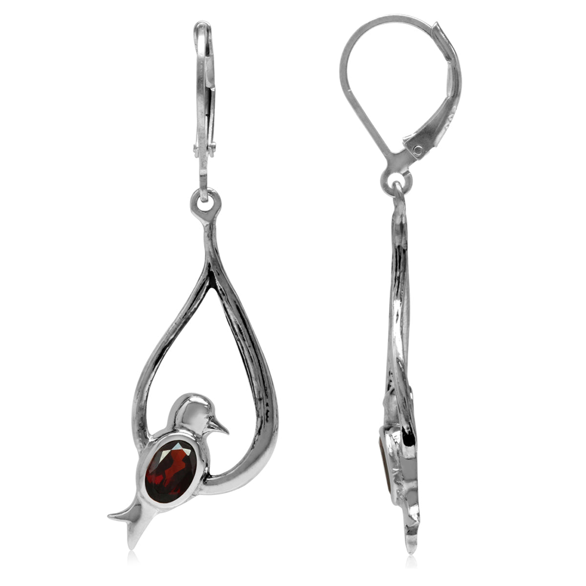 1.16ct. Natural Oval Shape Garnet 925 Sterling Silver Bird Drop Dangle Leverback Earrings