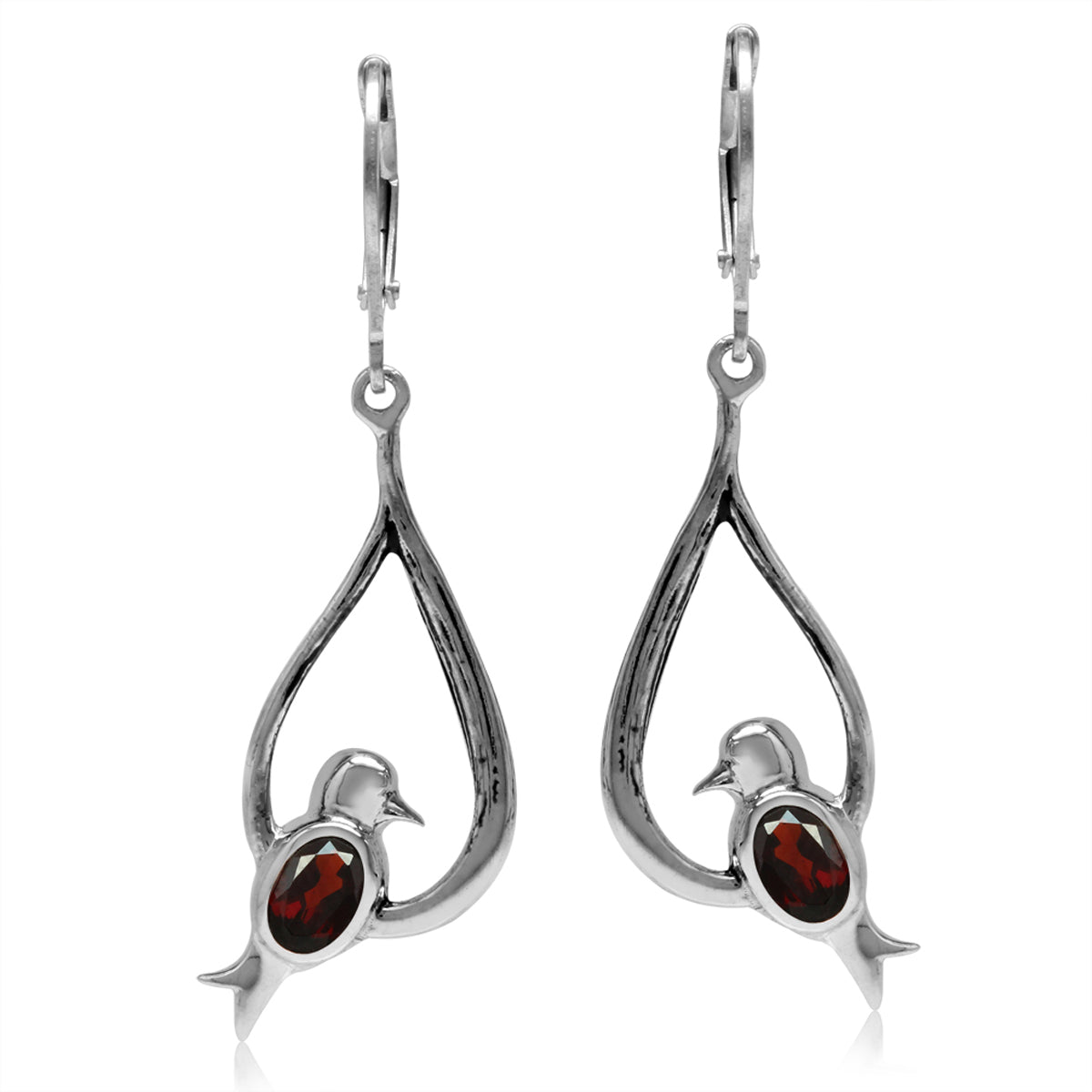 1.16ct. Natural Oval Shape Garnet 925 Sterling Silver Bird Drop Dangle Leverback Earrings
