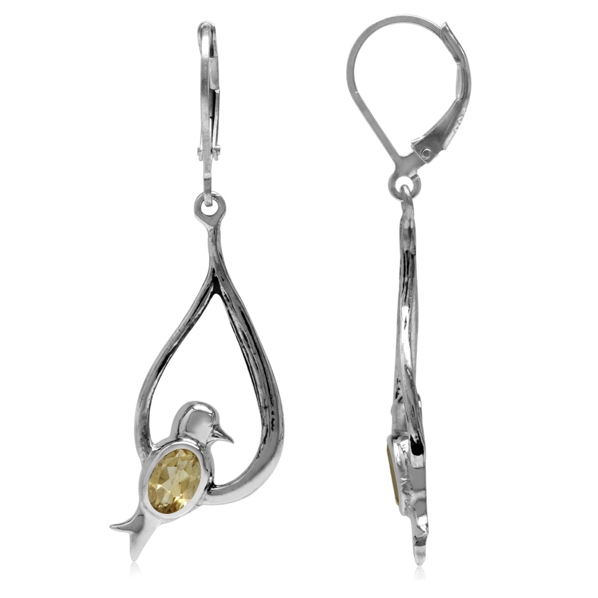 Natural Oval Shape Citrine 925 Sterling Silver Bird Drop Dangle Leverback Earrings