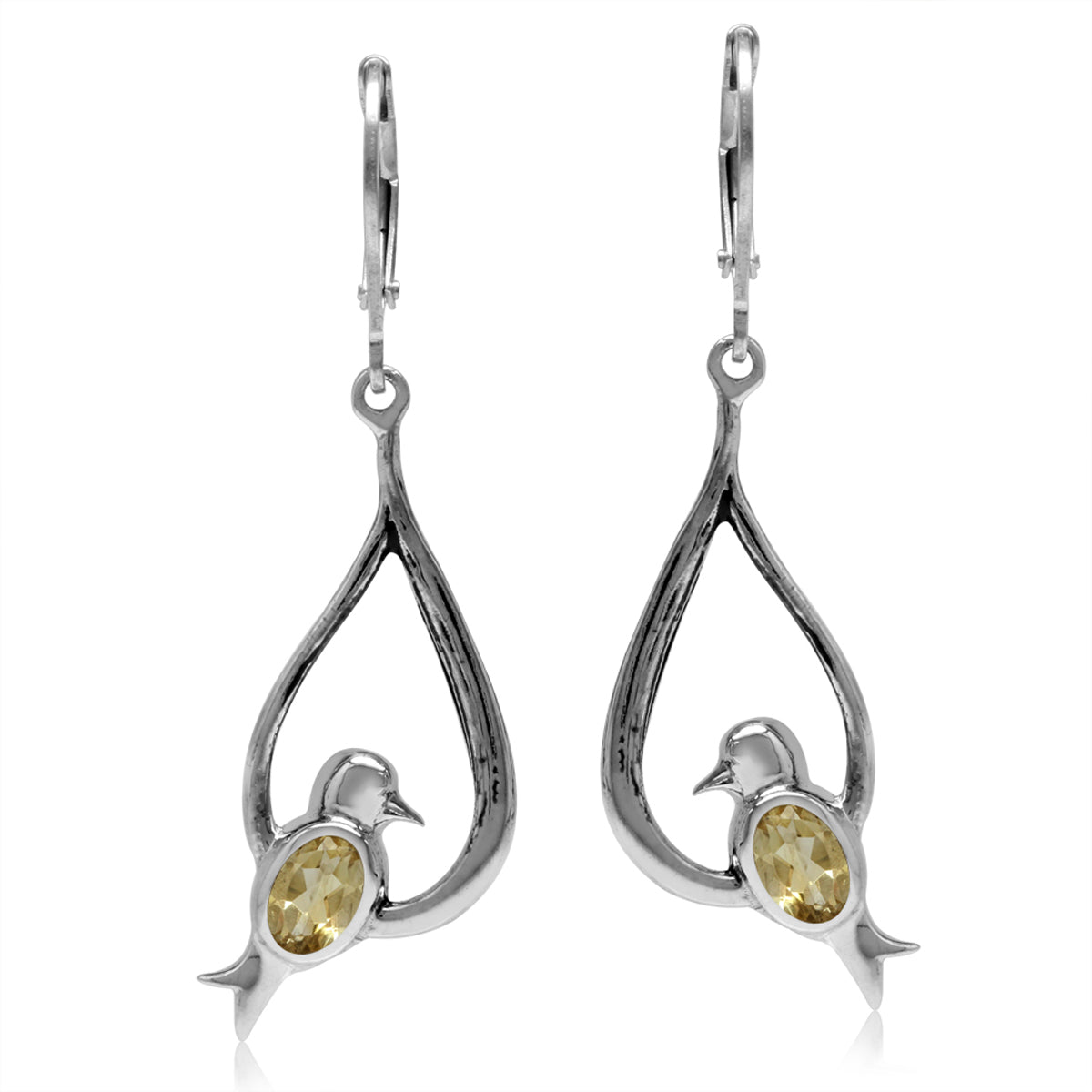 Natural Oval Shape Citrine 925 Sterling Silver Bird Drop Dangle Leverback Earrings