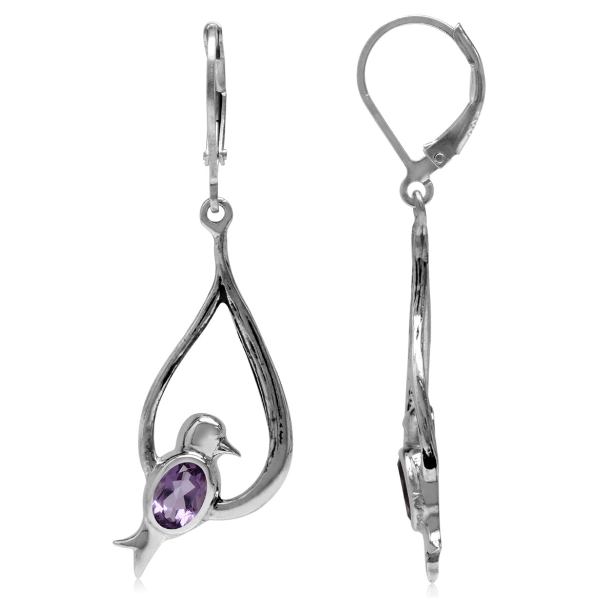Natural Oval Shape Amethyst 925 Sterling Silver Bird Drop Dangle Leverback Earrings