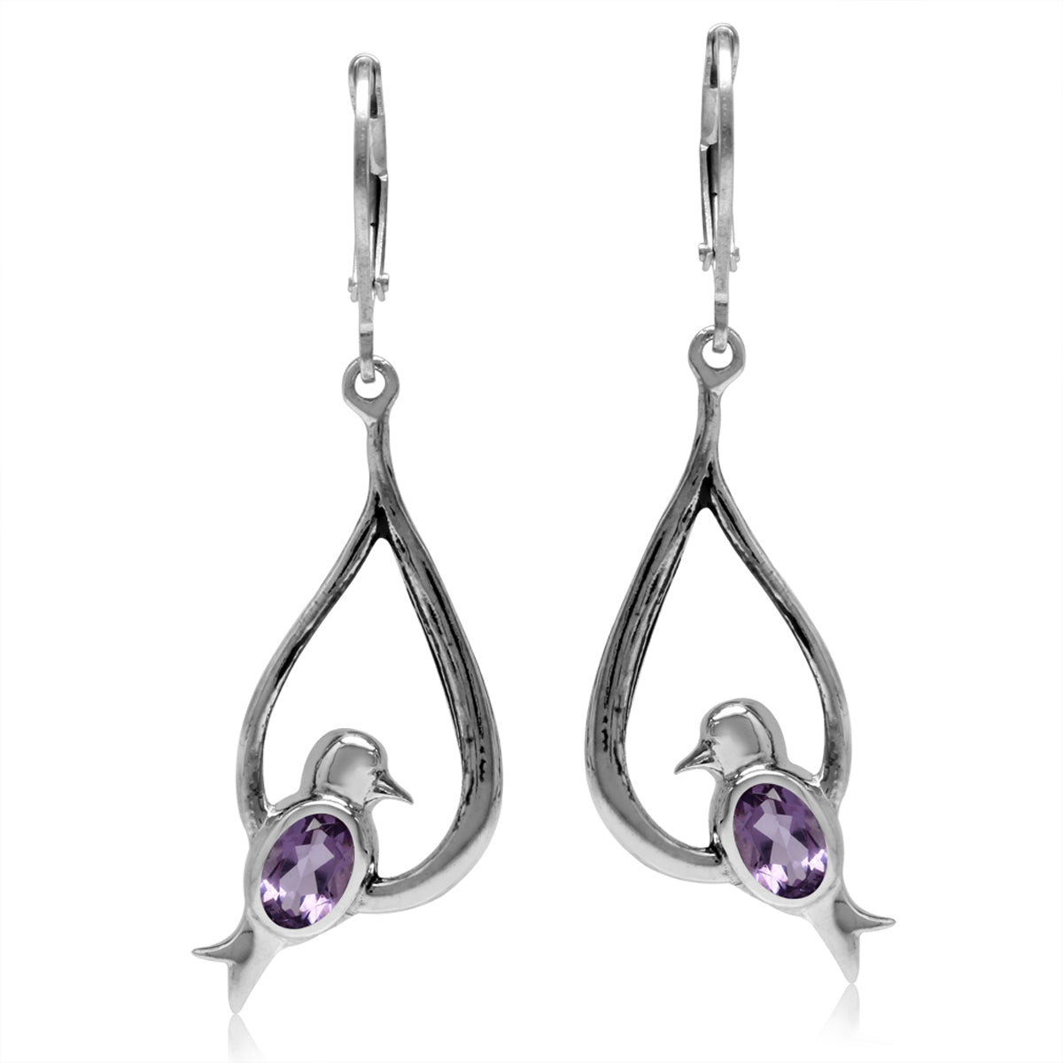 Natural Oval Shape Amethyst 925 Sterling Silver Bird Drop Dangle Leverback Earrings