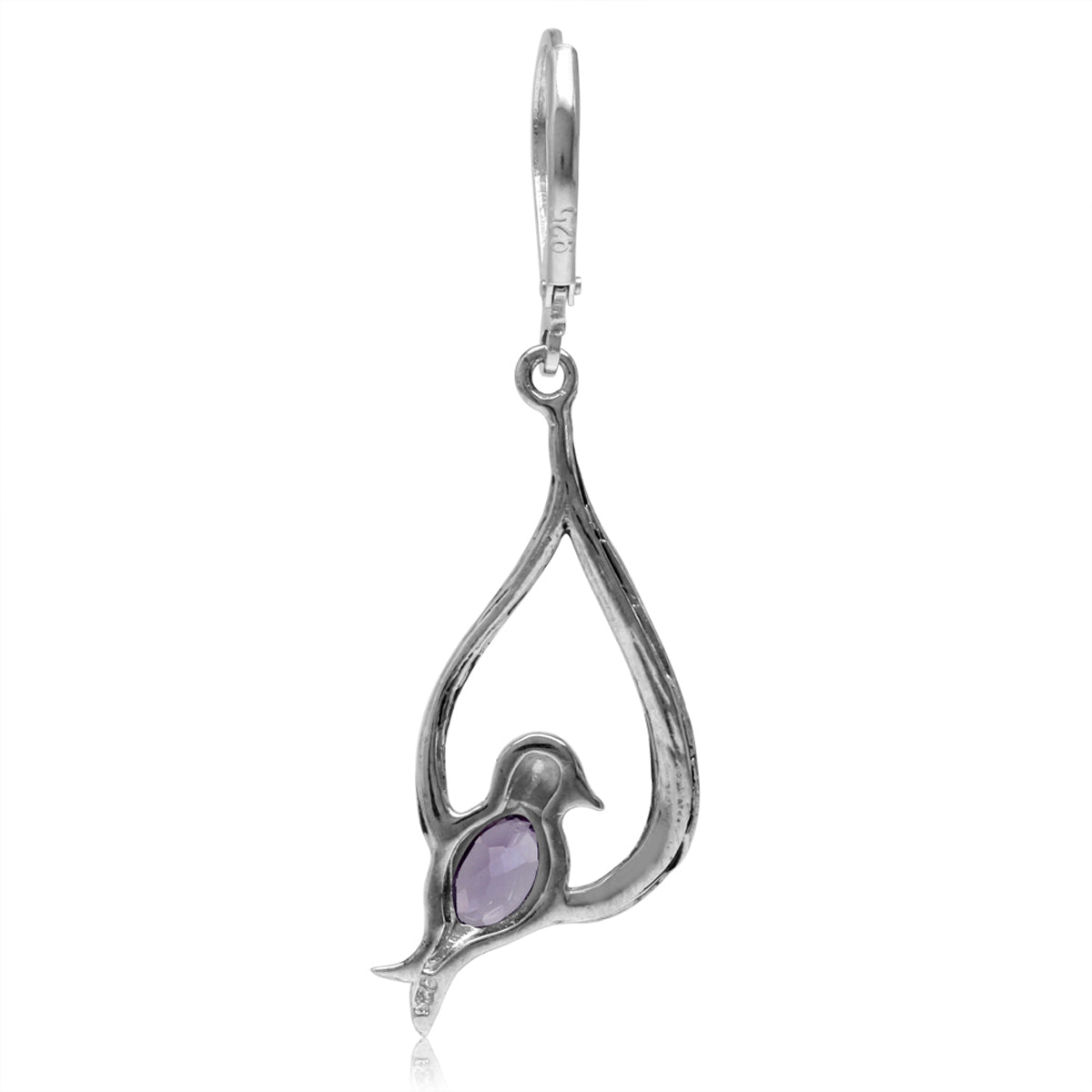 Natural Oval Shape Amethyst 925 Sterling Silver Bird Drop Dangle Leverback Earrings