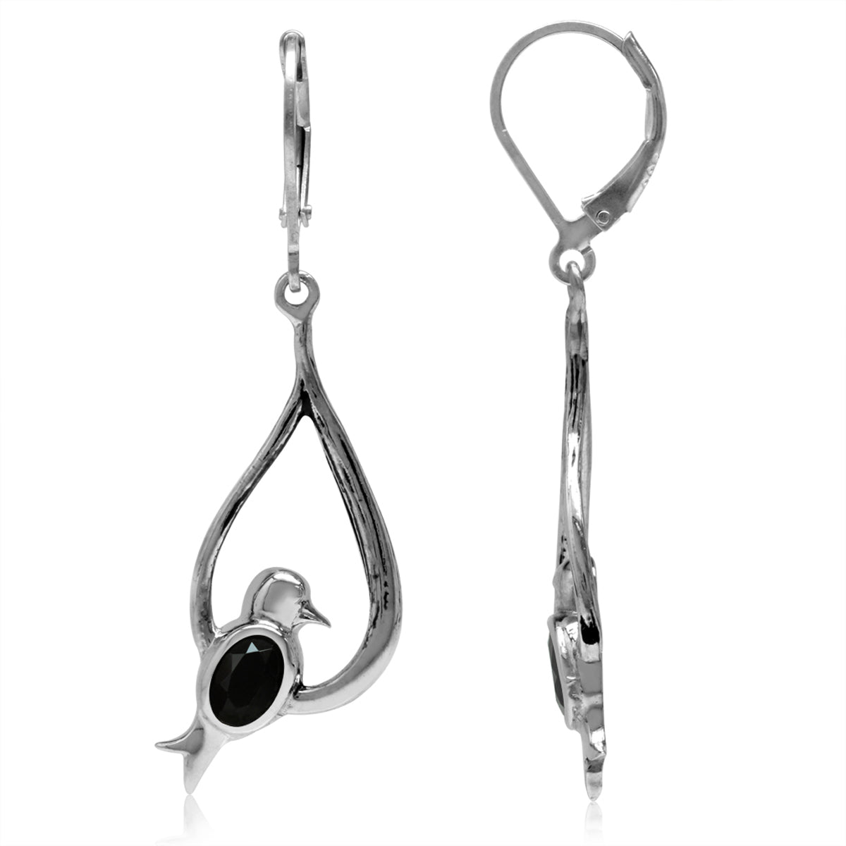 Natural Oval Shape Black Spinel 925 Sterling Silver Bird Drop Dangle Leverback Earrings
