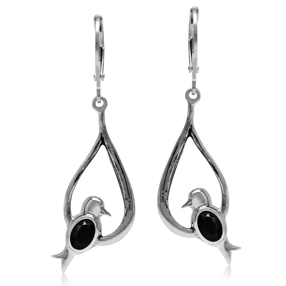 Natural Oval Shape Black Spinel 925 Sterling Silver Bird Drop Dangle Leverback Earrings