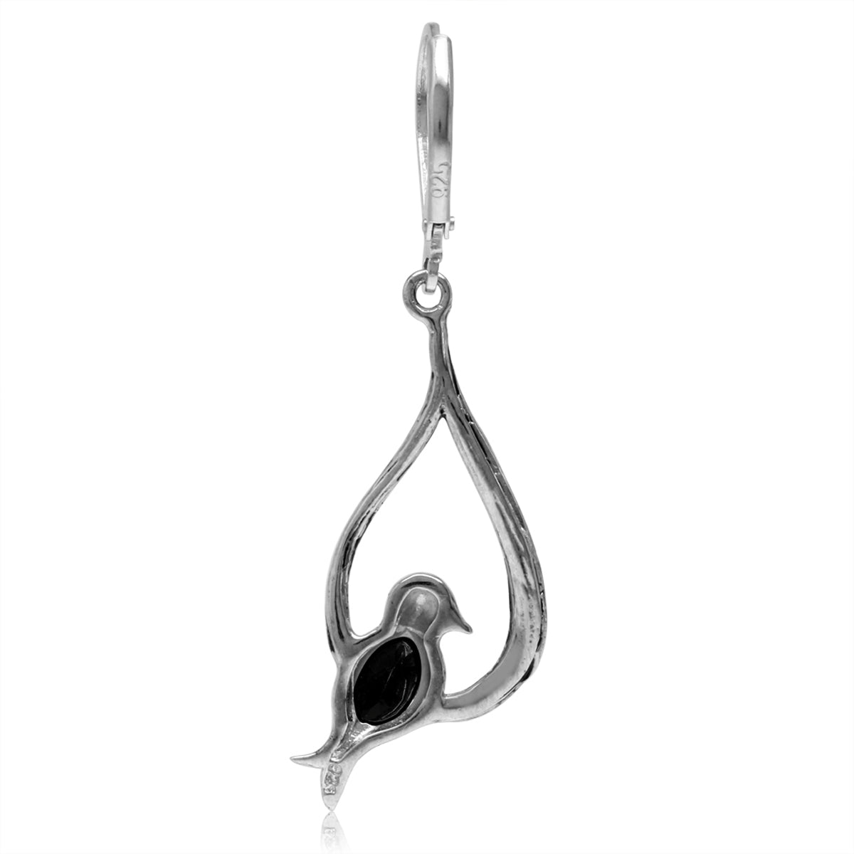Natural Oval Shape Black Spinel 925 Sterling Silver Bird Drop Dangle Leverback Earrings