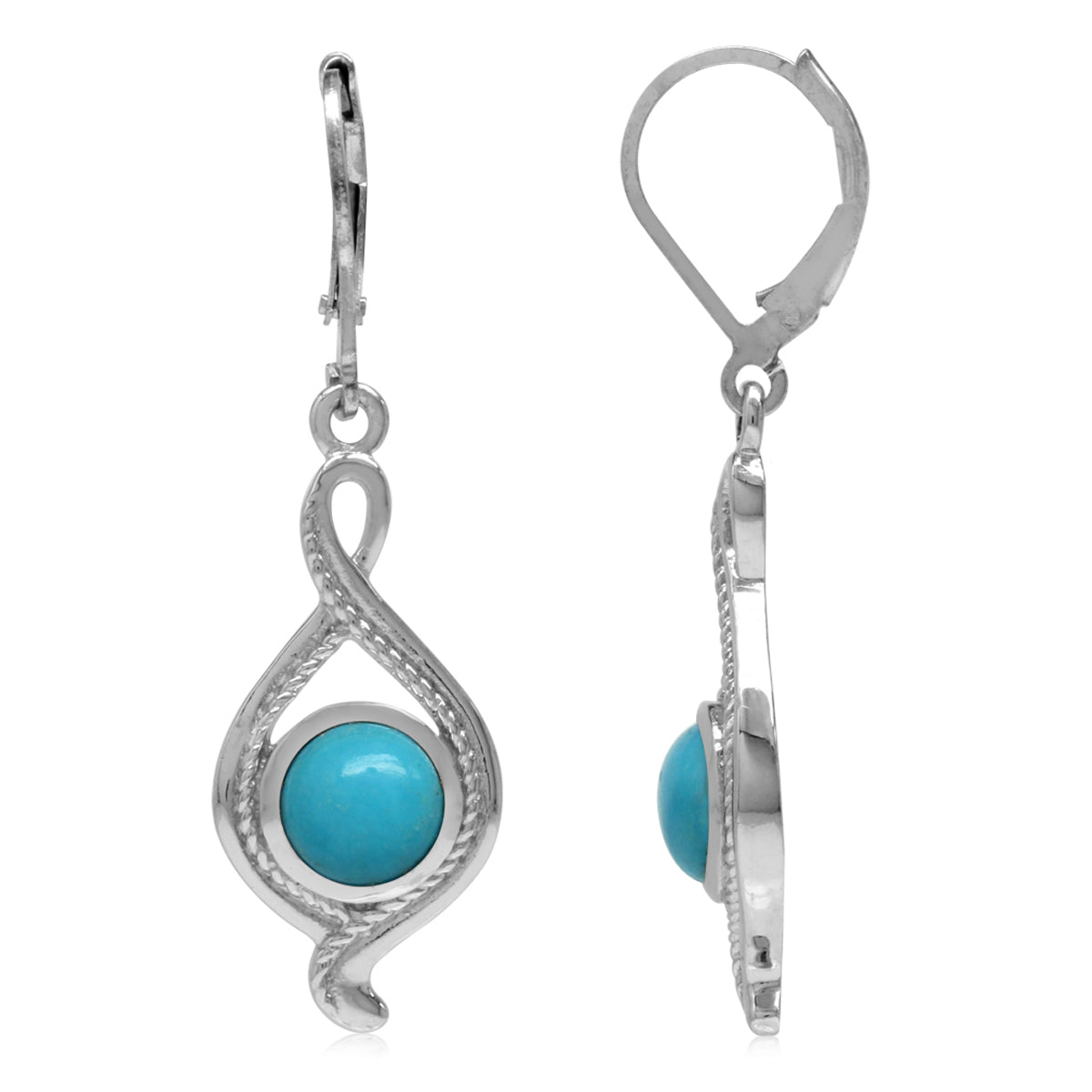 7mm Genuine Round Arizona American Turquoise White Gold Plated 925 Sterling Silver Rope Leverback Earrings