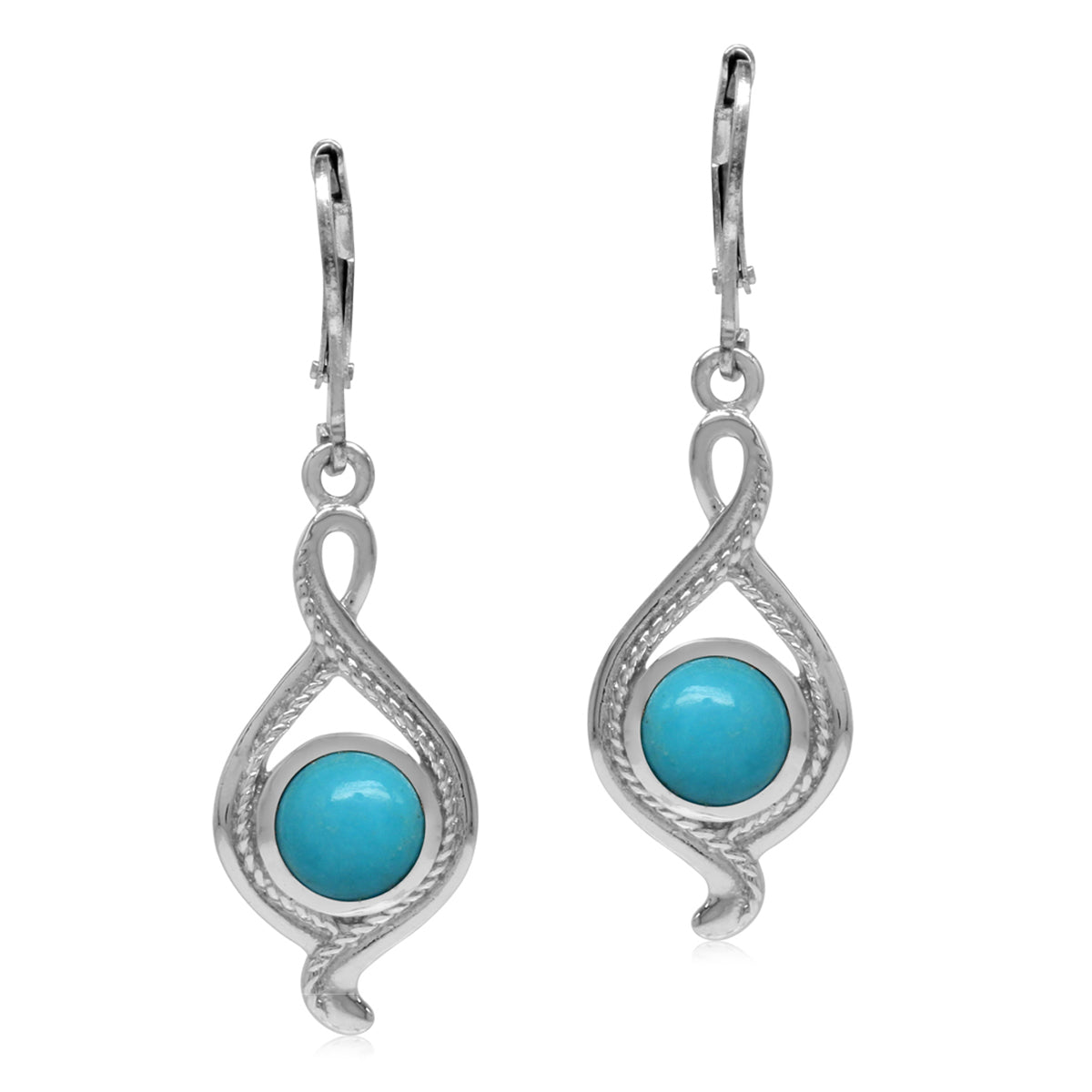 7mm Genuine Round Arizona American Turquoise White Gold Plated 925 Sterling Silver Rope Leverback Earrings