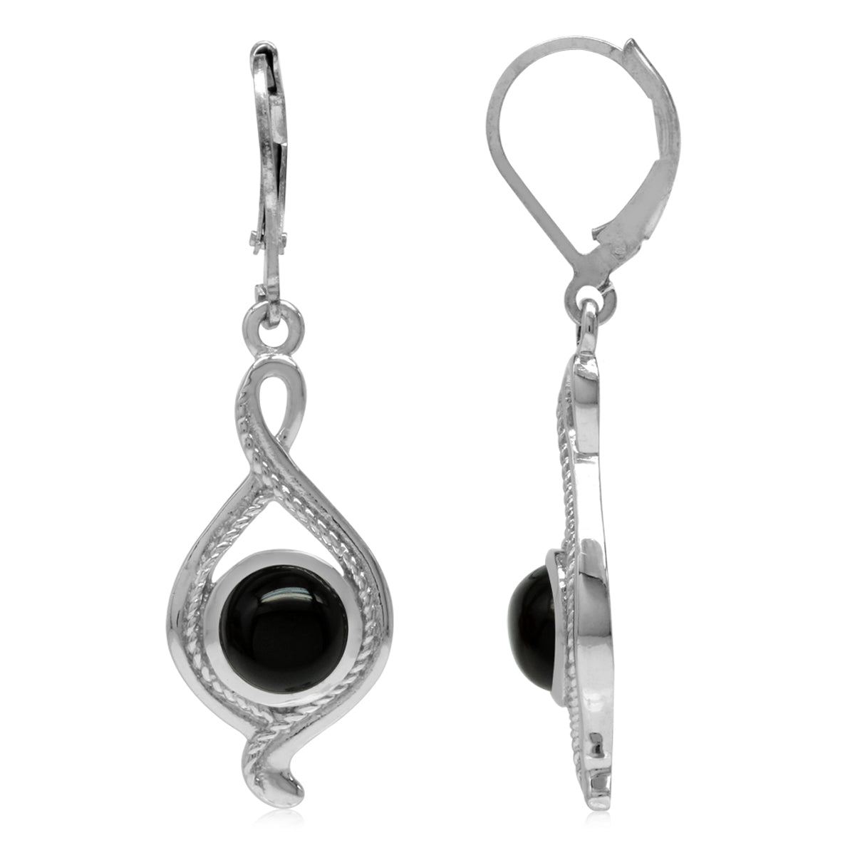 7mm Genuine Round Shape Black Onyx White Gold Plated 925 Sterling Silver Rope Leverback Earrings
