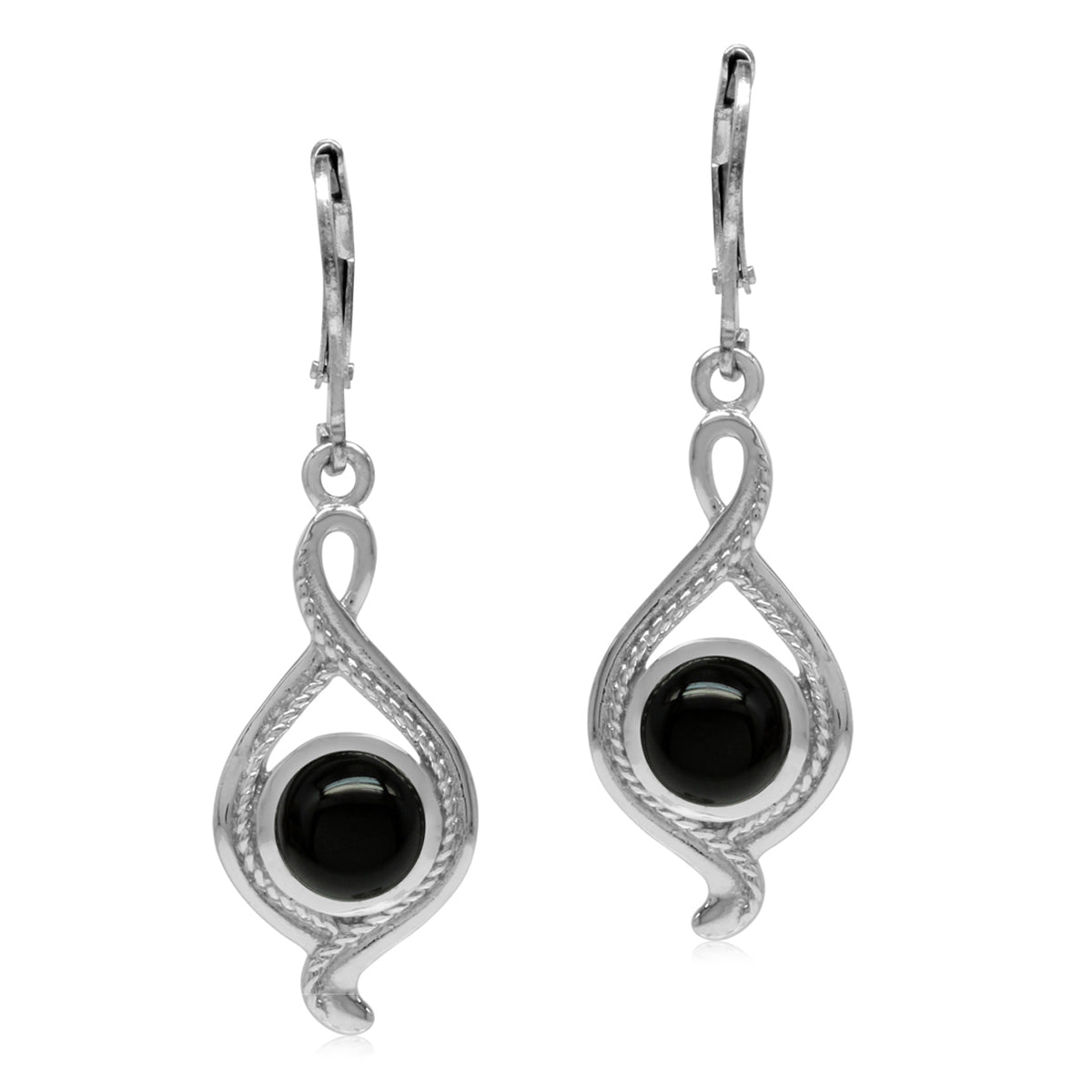 7mm Genuine Round Shape Black Onyx White Gold Plated 925 Sterling Silver Rope Leverback Earrings