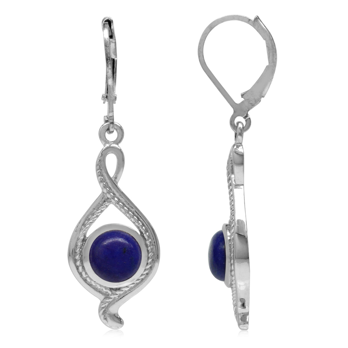 7mm Genuine Round Shape Lapis White Gold Plated 925 Sterling Silver Rope Leverback Dangle Earrings