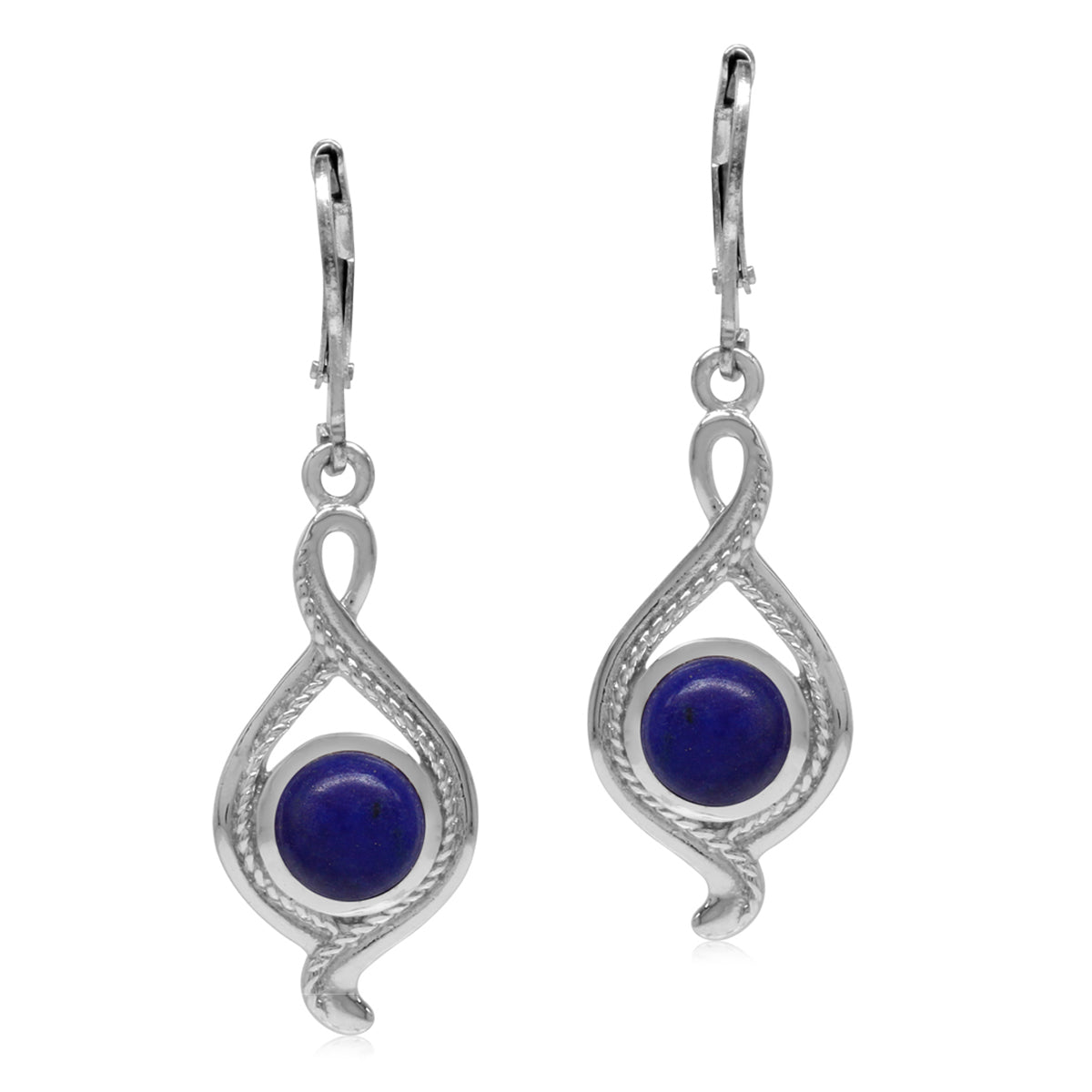 7mm Genuine Round Shape Lapis White Gold Plated 925 Sterling Silver Rope Leverback Dangle Earrings