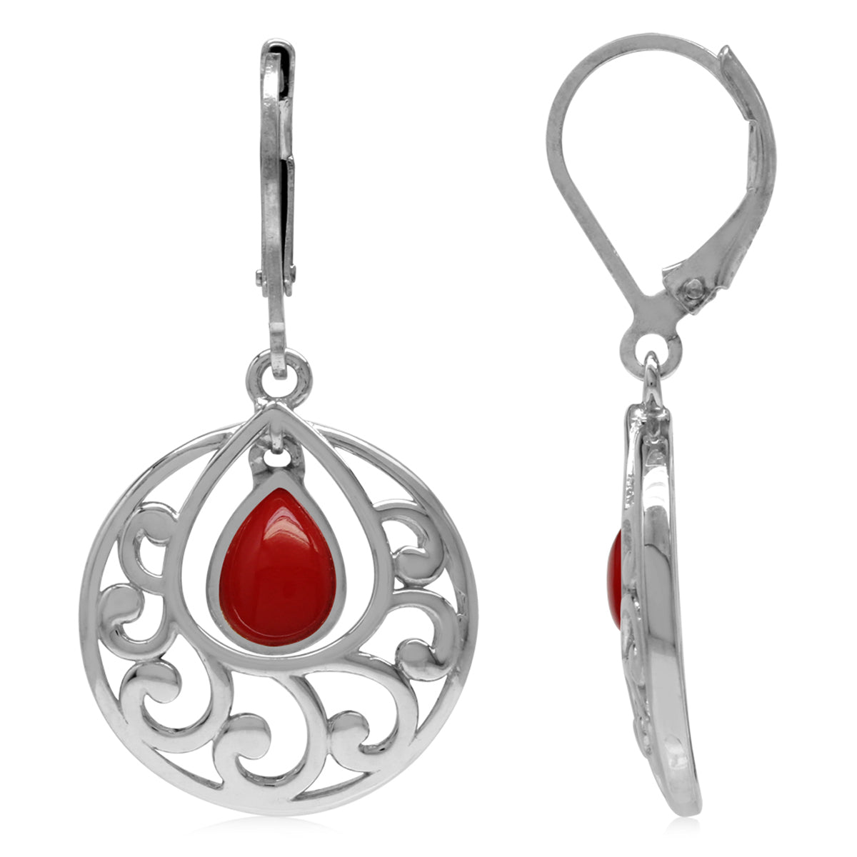 Created Red Coral 925 Sterling Silver Filigree Swirl and Spiral Leverback Dangle Earrings