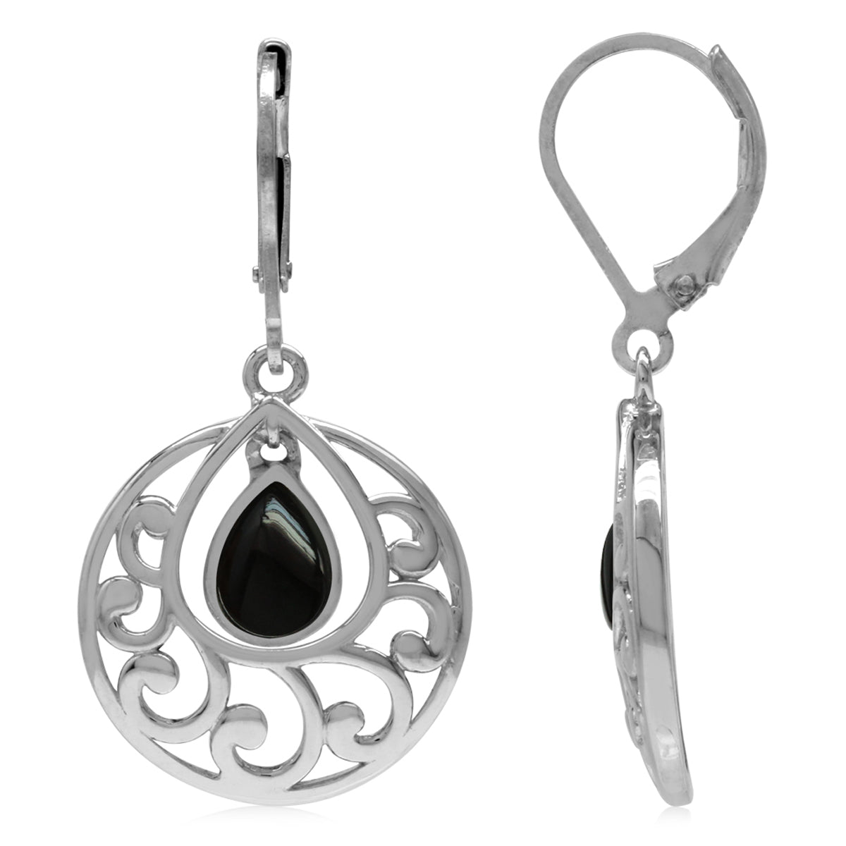 Created Black Onyx 925 Sterling Silver Filigree Swirl and Spiral Leverback Dangle Earrings