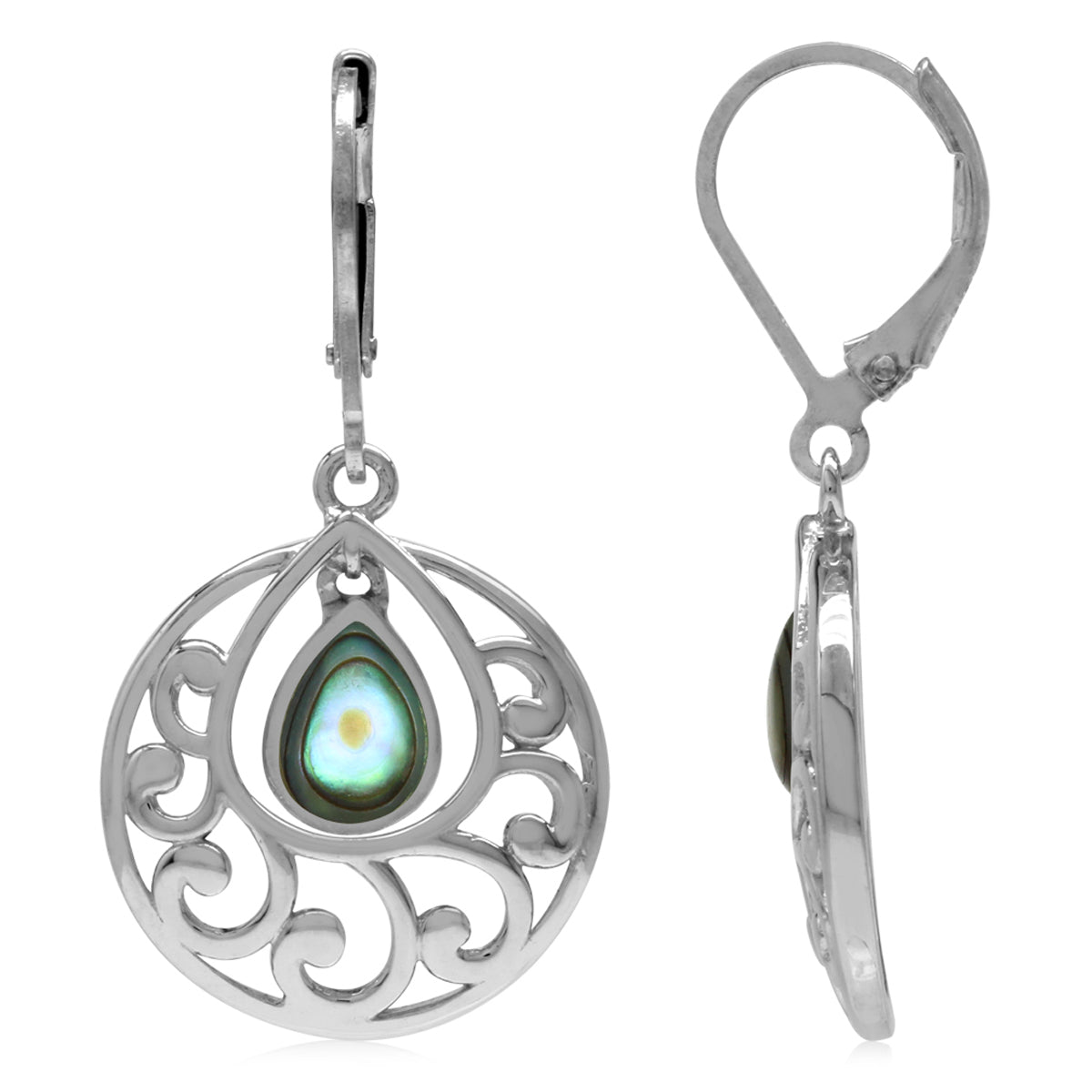Abalone Paua Shell 925 Sterling Silver Filigree Swirl and Spiral Leverback Dangle Earrings