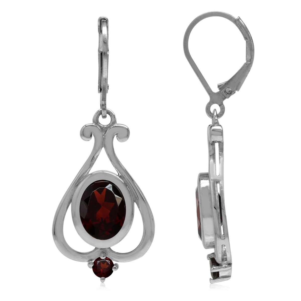 4.44ct. 9x7mm Natural Oval Shape Garnet 925 Sterling Silver Heart Victorian Style Leverback Earrings