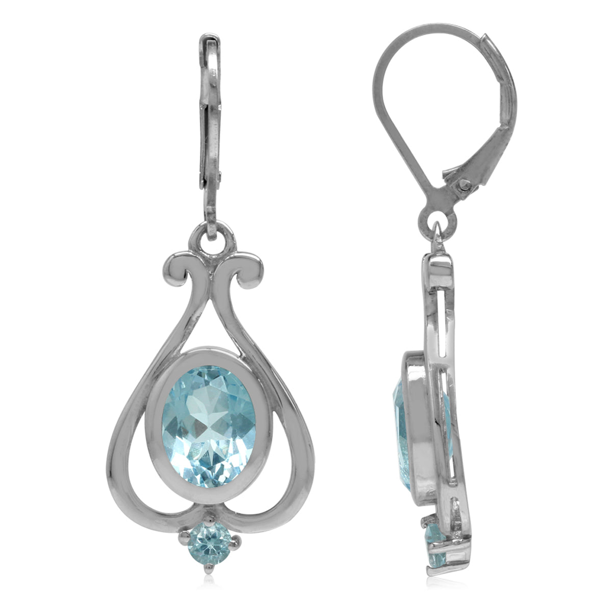 4.54ct. 9x7mm Genuine Oval Shape Blue Topaz 925 Sterling Silver Heart Victorian Style Leverback Earrings