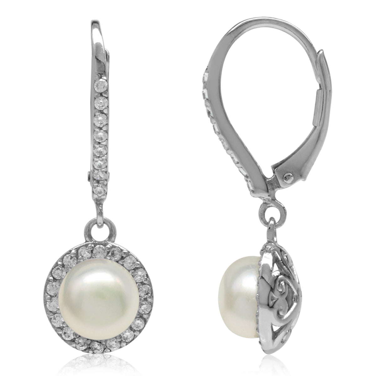 7mm Cultured Freshwater Pearl 925 Sterling Silver Heart Victorian Style Halo Leverback Earrings