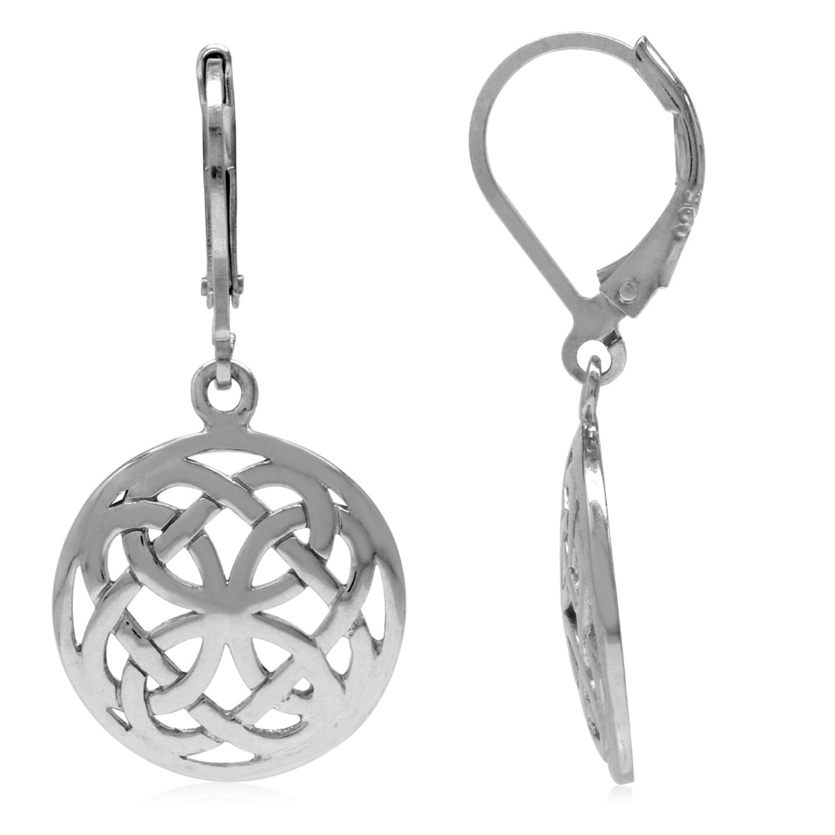 White Gold Plated 925 Sterling Silver Irish Celtic Knot in Circle Leverback Dangle Earrings