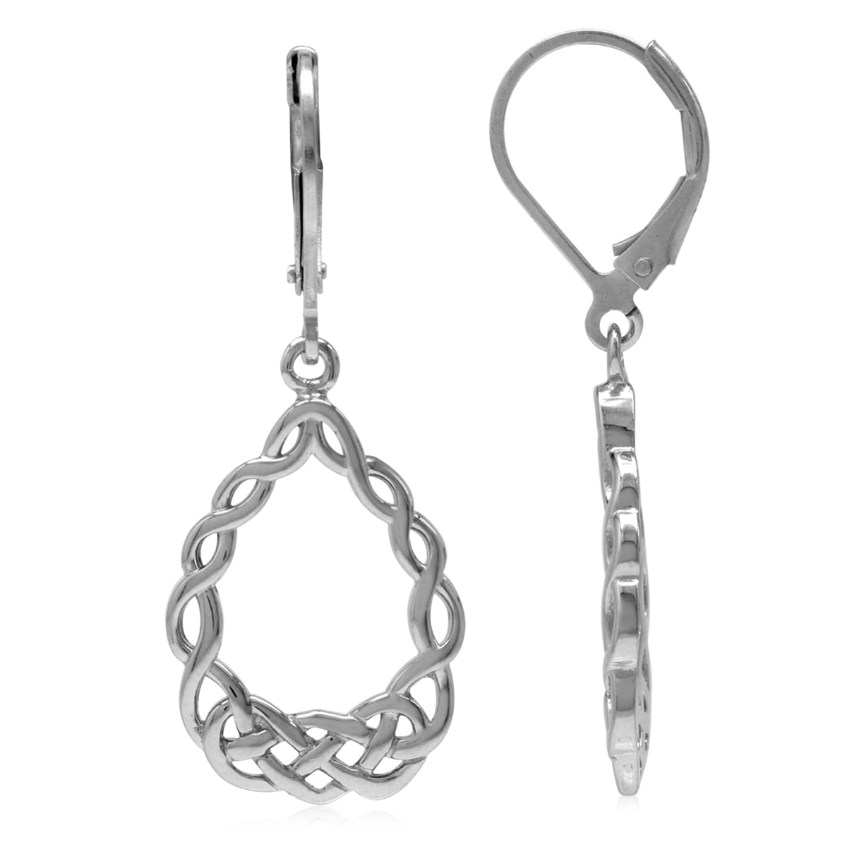 White Gold Plated 925 Sterling Silver Celtic Knot Weave Drop Dangle Leverback Earrings