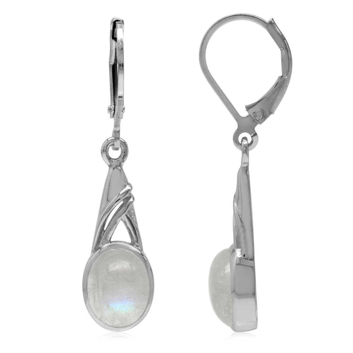 9x7mm Natural Oval Shape Moonstone White Gold Plated 925 Sterling Silver Leverback Dangle Earrings