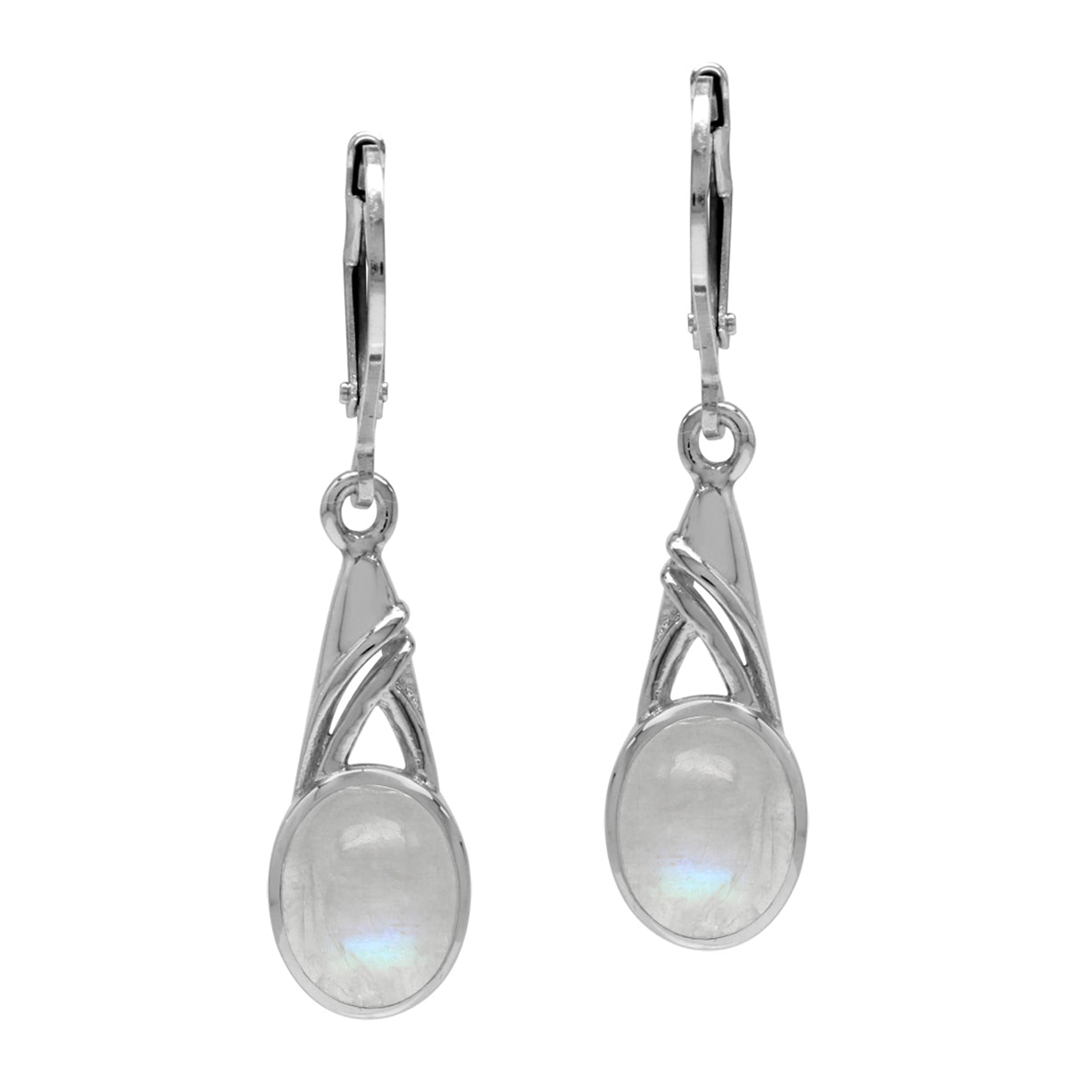 9x7mm Natural Oval Shape Moonstone White Gold Plated 925 Sterling Silver Leverback Dangle Earrings