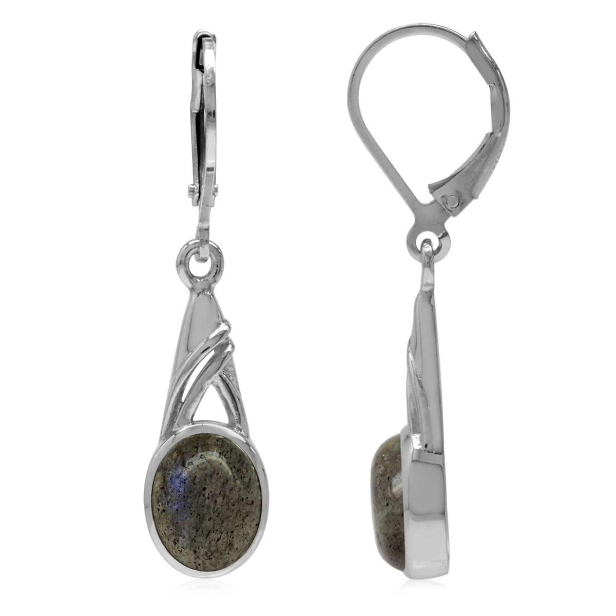 9x7mm Oval Shape Labradorite White Gold Plated 925 Sterling Silver Leverback Dangle Earrings