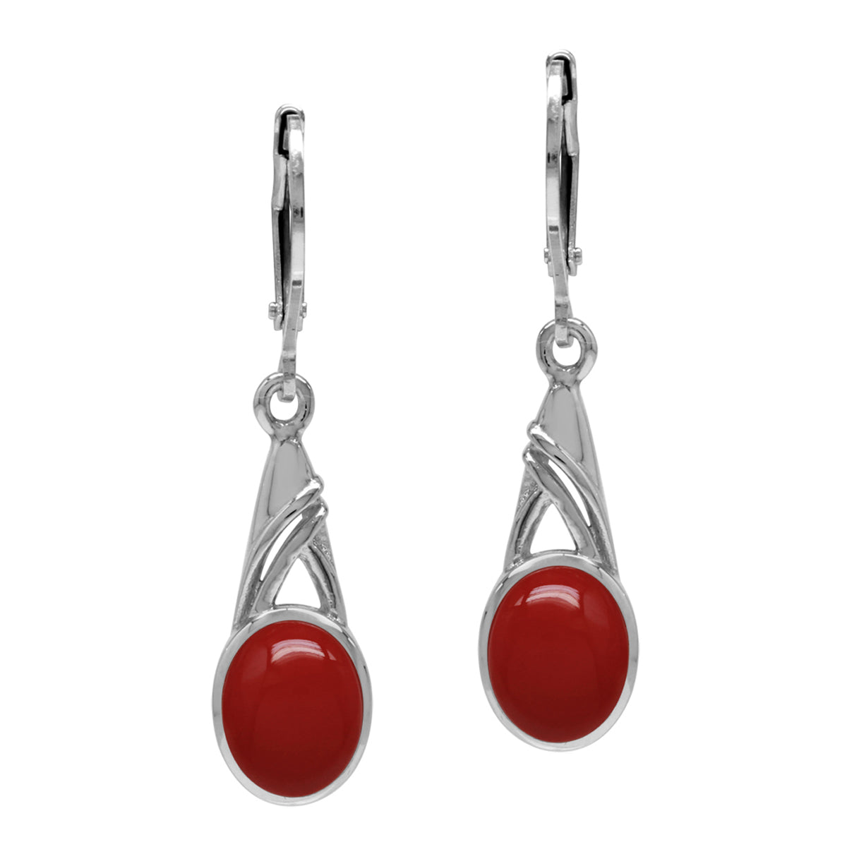 9x7mm Oval Shape Created Red Coral White Gold Plated 925 Sterling Silver Leverback Dangle Earrings