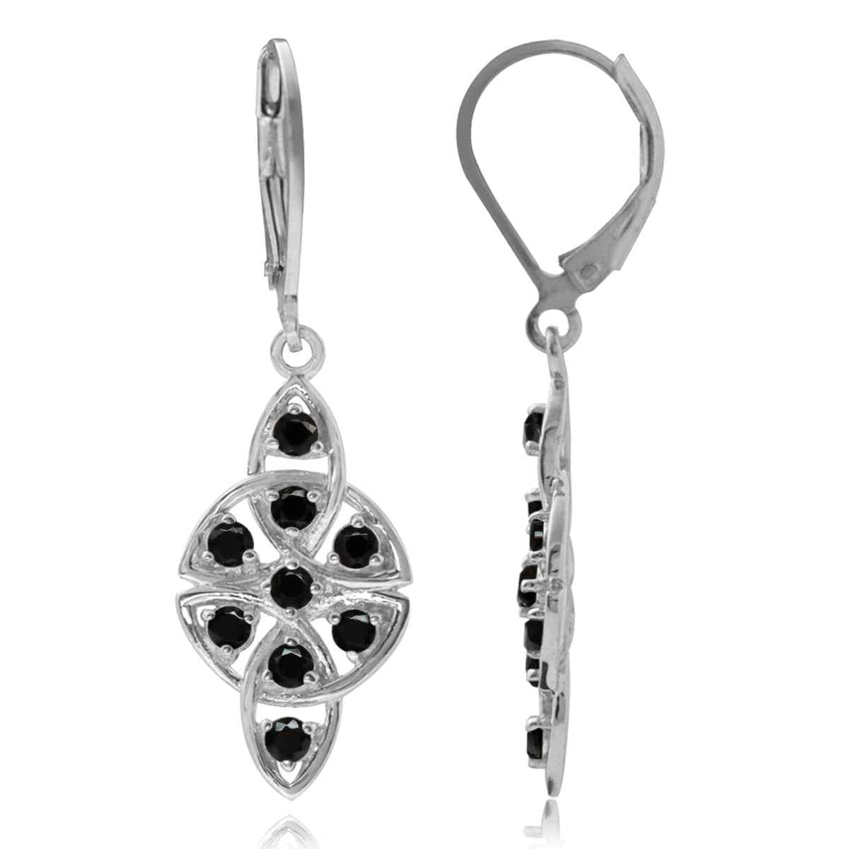 Natural Black Spinel White Gold Plated 925 Sterling Silver Triquetra Celtic Knot Leverback Earrings