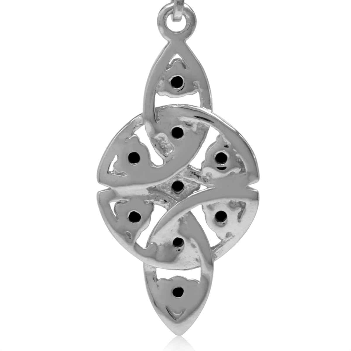Natural Black Spinel White Gold Plated 925 Sterling Silver Triquetra Celtic Knot Leverback Earrings