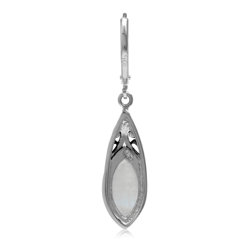 14x7mm Natural Marquise Shape Moonstone 925 Sterling Silver Filigree Leverback Dangle Earrings - Silvershake-store