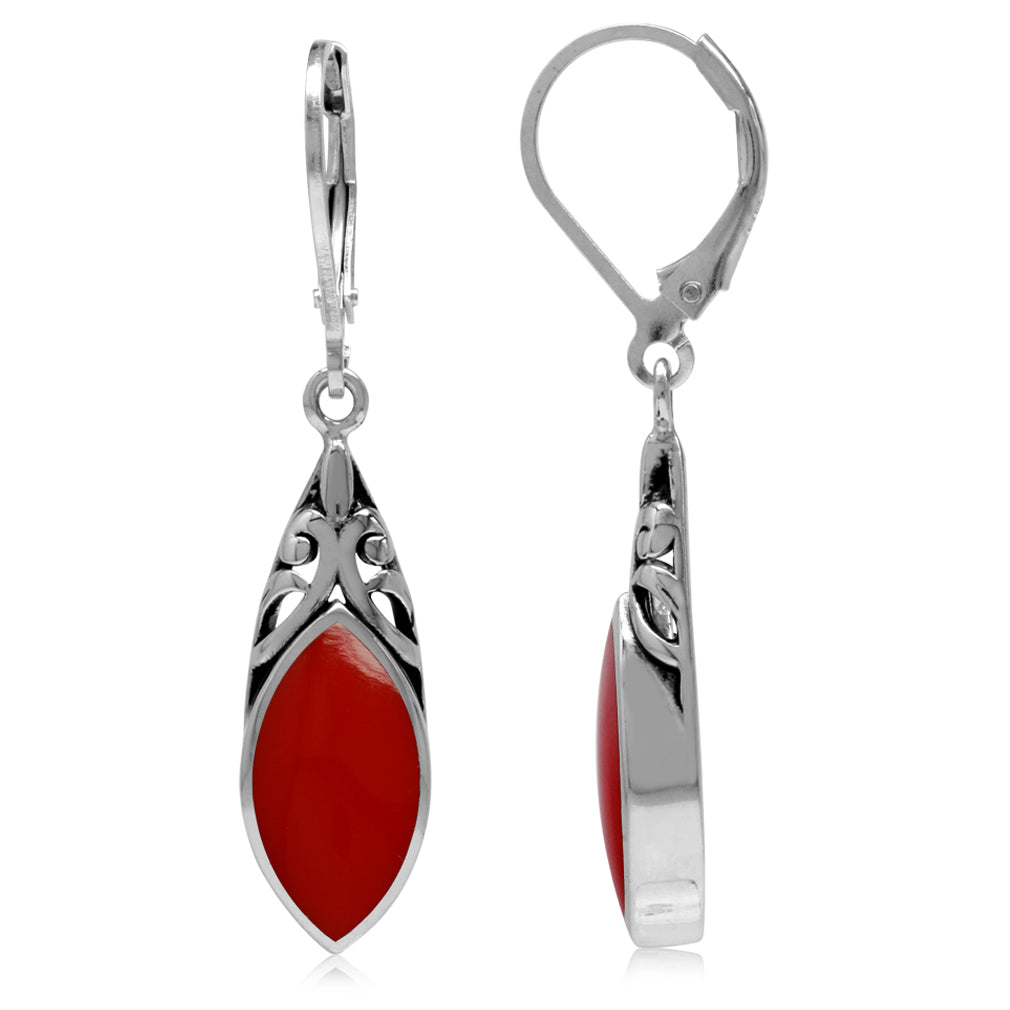 14X7mm Created Marquise Shape Red Coral 925 Sterling Silver Filigree Leverback Dangle Earrings Jewelry for Women - Silvershake-store